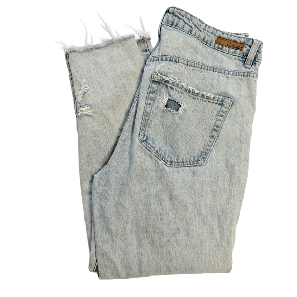 Light Wash High-Waisted Destroyed Mom Jeans in Blue - Picture 3 of 6